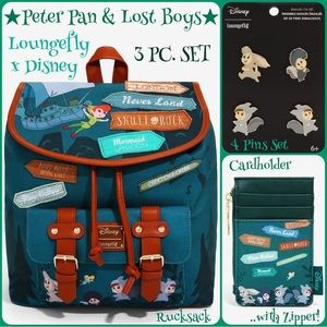 LOUNGEFLY DISNEY PETER PAN Lost Boys RUCKSACK, CARDHOLDER & 4 PC. PINS SET!